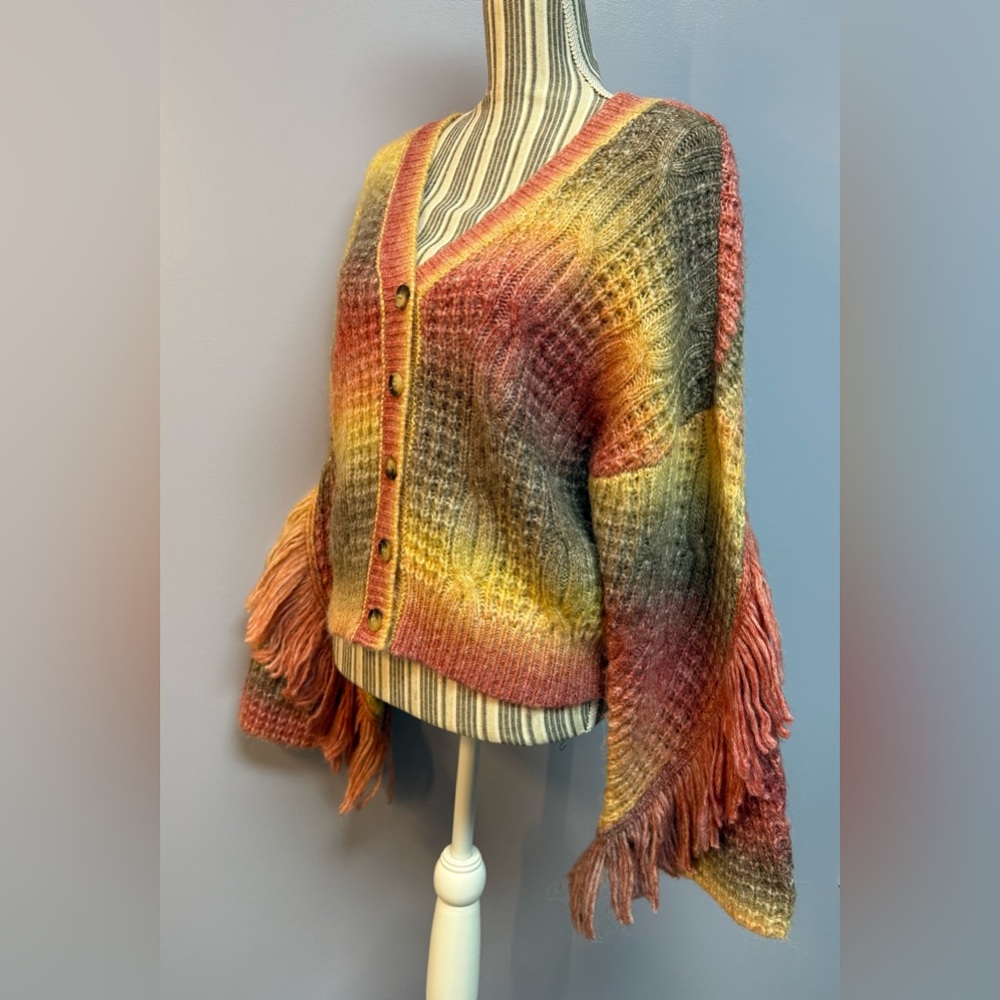 Sam Edelman Vibrant Fringe Cardigan Sweater bell sleeve wool size M - Picture 5 of 16
